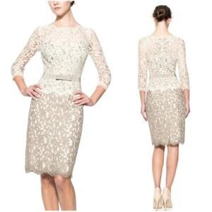 TADASHI SHOJI Lace Illusion Cream/Beige Dress with Grosgrain Ribbon Belt Size 4